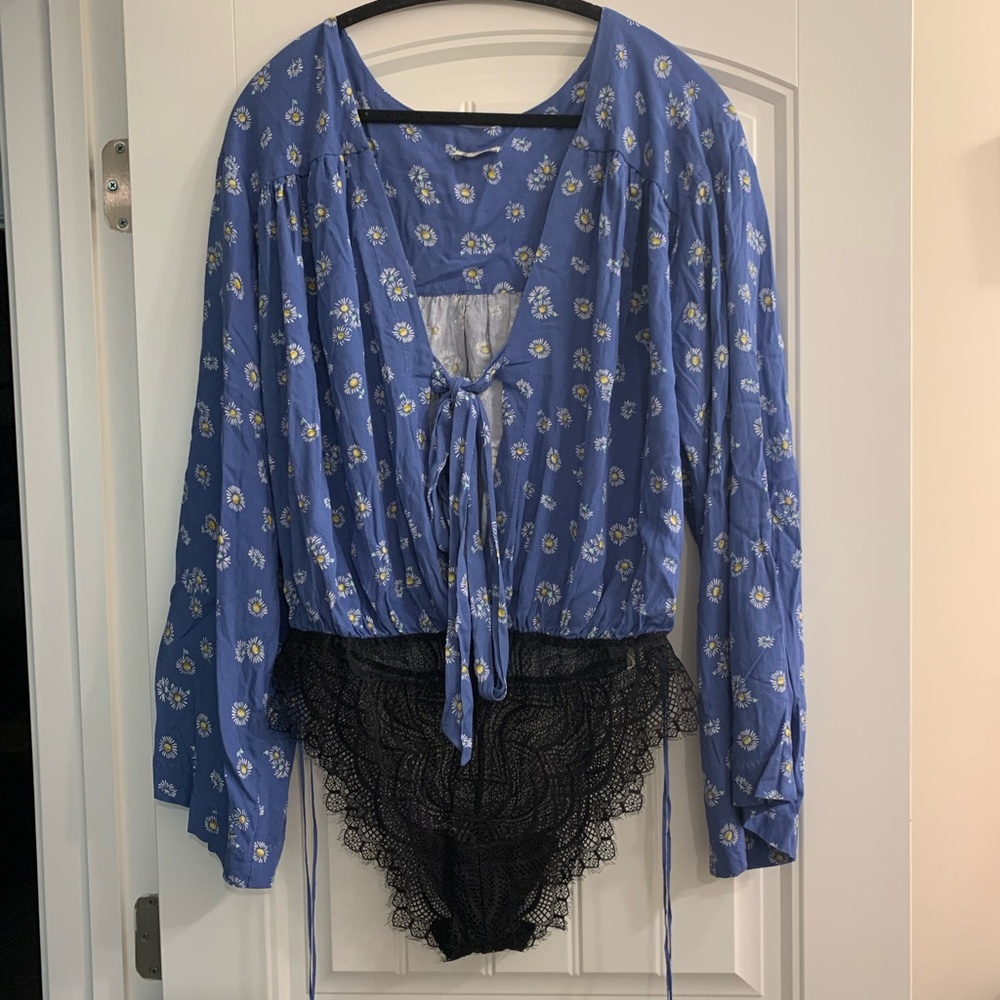 Free People Intimately Forties Feel Blue Daisy V-neck Bodysuit Long Sleeve- L - Picture 5 of 14